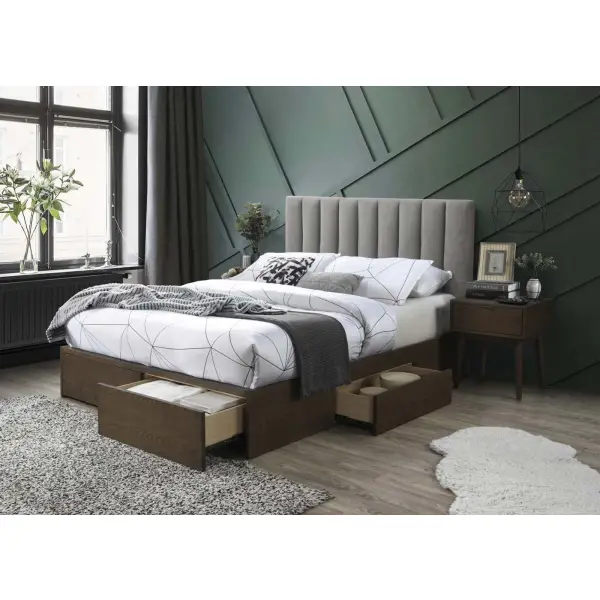 Łóżko tapicerowane 160x200 z szufladami Gorashi popiel / orzech