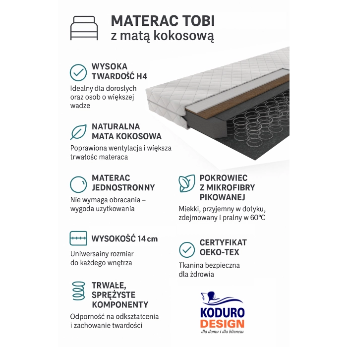Materac Tobi 120x200 z matą kokosową | materac twardy H4