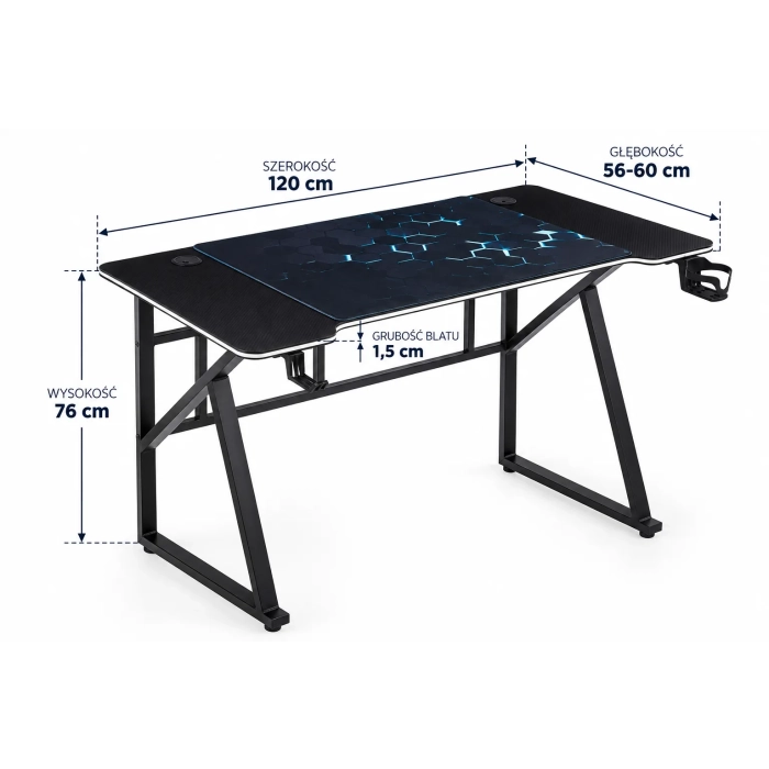 BIURKO GAMINGOWE LED 120 CM CZARNE B22-FX wymiary