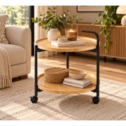 STOLIK OKRĄGŁY NA KÓŁKACH FI 50 CM DĄB NATURALNY CZARNY METAL L28-FX aranżacja