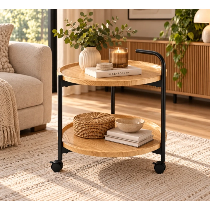 STOLIK OKRĄGŁY NA KÓŁKACH FI 50 CM DĄB NATURALNY CZARNY METAL L28-FX aranżacja