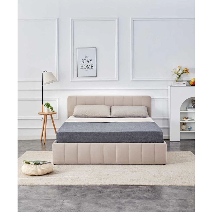 ŁÓŻKO TAPICEROWANE LT1-FX 160x200 BEŻOWY VELVET Z POJEMNIKIEM NA POŚCIEL